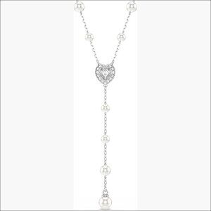 Rhodium Finish Crystal Pearl Y-Necklace with Heart Motif
